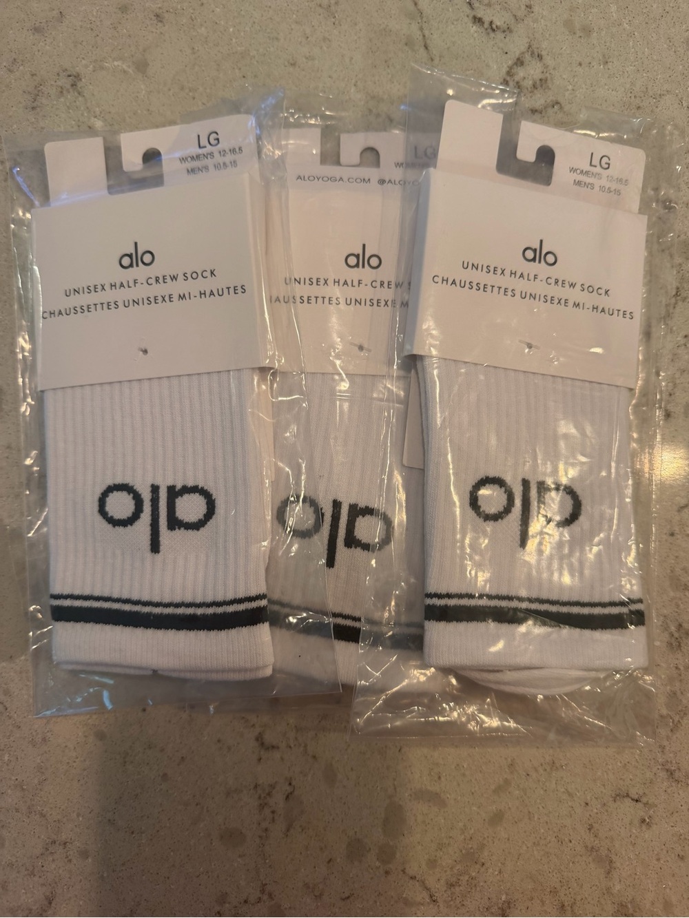 ALO Yoga White Crew Athletic Socks with Black Logo and Stripe - Unisex